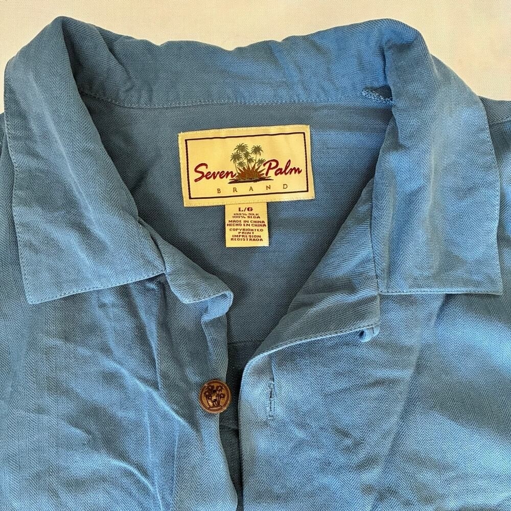 Seven Palm Button Shirt Men's Cobalt Blue 100% Silk Large Wood Button Casual - Picture 4 of 10